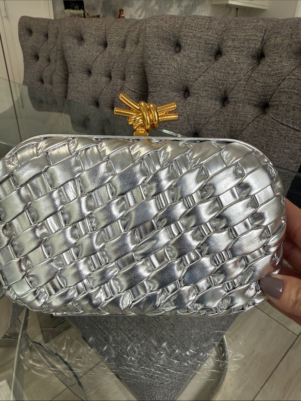 Bottega Veneta Silver Woven Metallic Clutch with Gold Knot Closure -Fake